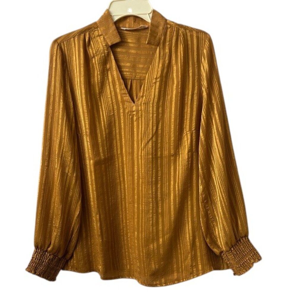 Soft Surroundings Golden Striped Blouse Long Sleeves V-Neck